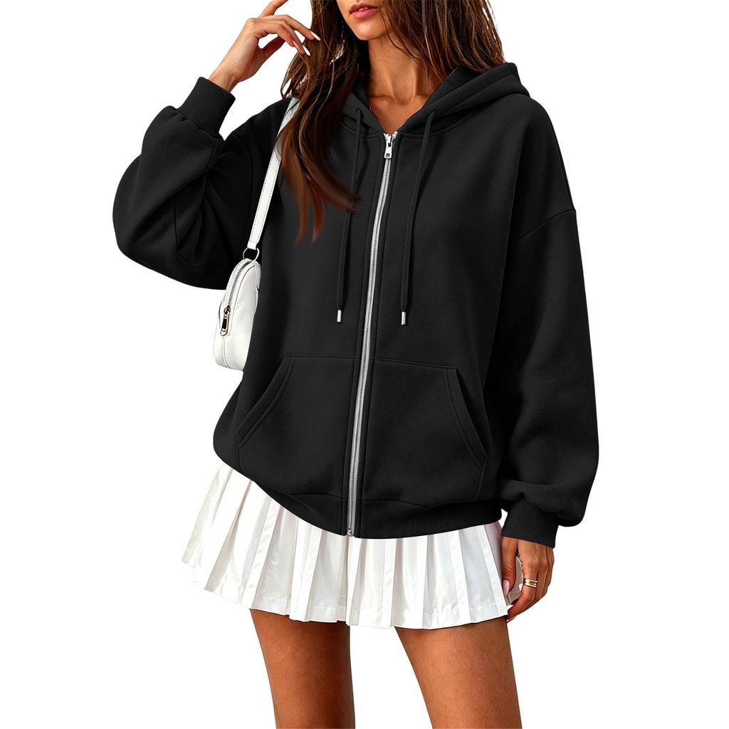 Women's Long Sleeve Color Hooded Loose Fit Zip-Up Jacket