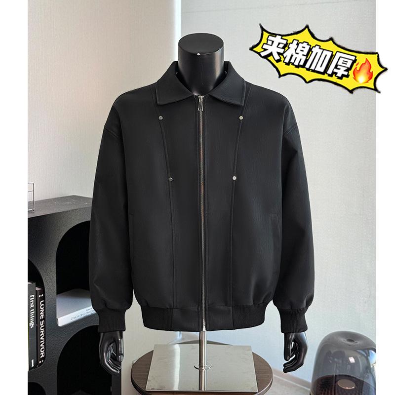 Off-White PU Leather Padded Men's Autumn Winter Motorcycle Jacket, Thickened Cotton Baseball Style for Couples