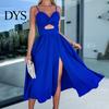 Deep V-neck Dress Women Vacation Low-cut V Neck Spaghetti Strap Hollow Out Backless Sleeveless Side Split Pleated Solid Color Beach Party Midi Summer