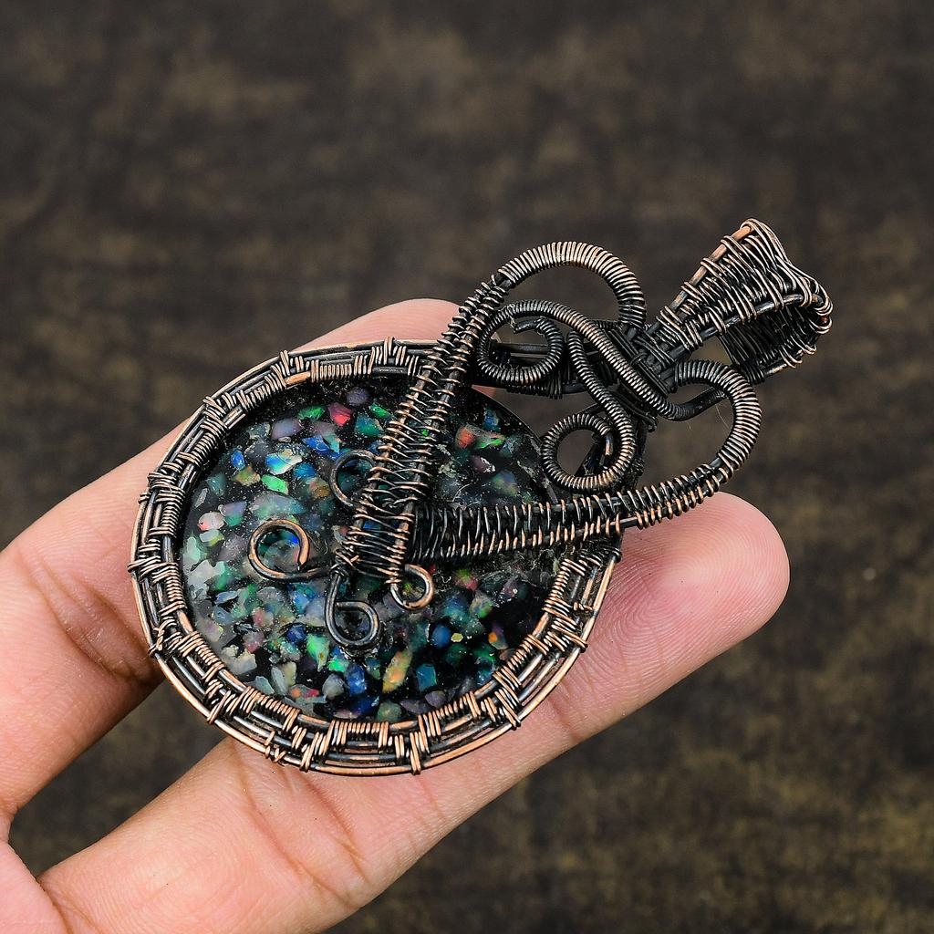 Natürlicher australischer Opal-Edelstein, handgefertigt, Kupferdraht-Wickelanhänger, 7,8 cm, J6O92