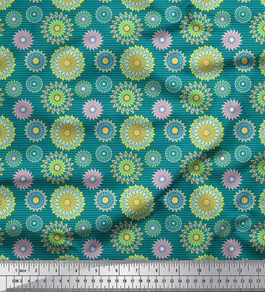 Soimoi Blue Japan Crepe Satin Fabric Stripe & Mandala Print Fabric by the Metre 42 Inch