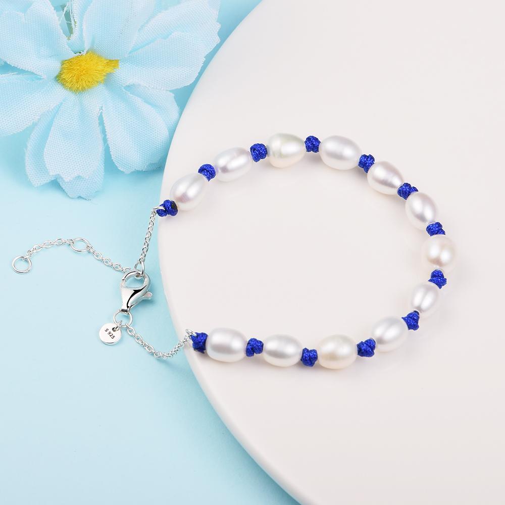Freshwater Cultured Pearl Blue Cord Chain Bracelet 100 %925 Sterling Silver Jewelry For Sister Wife Mother Friends Gift B145