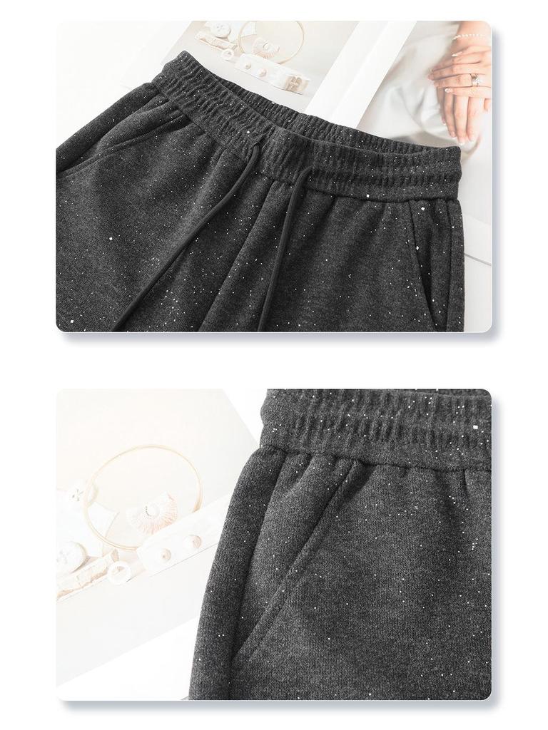 Gray Glitter High-Waisted Wide-Leg Elastic Drawstring Pants for Women - Spring/Autumn 2025