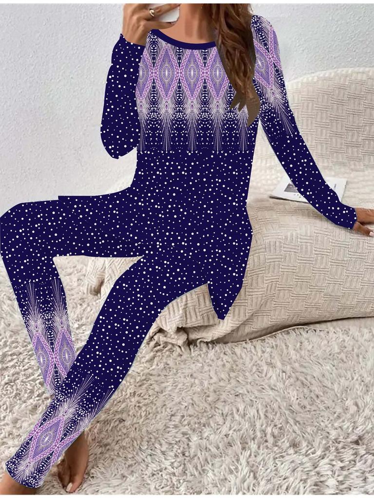 Euroamerykańska Moda Damski Zestaw Dwuczęściowy T-shirt z Długim Rękawem na Cztery Pory Roku + Długie Spodnie z Nadrukiem 3D w Stylu Retro. Idealny prezent na Nowy Rok i Boże Narodzenie