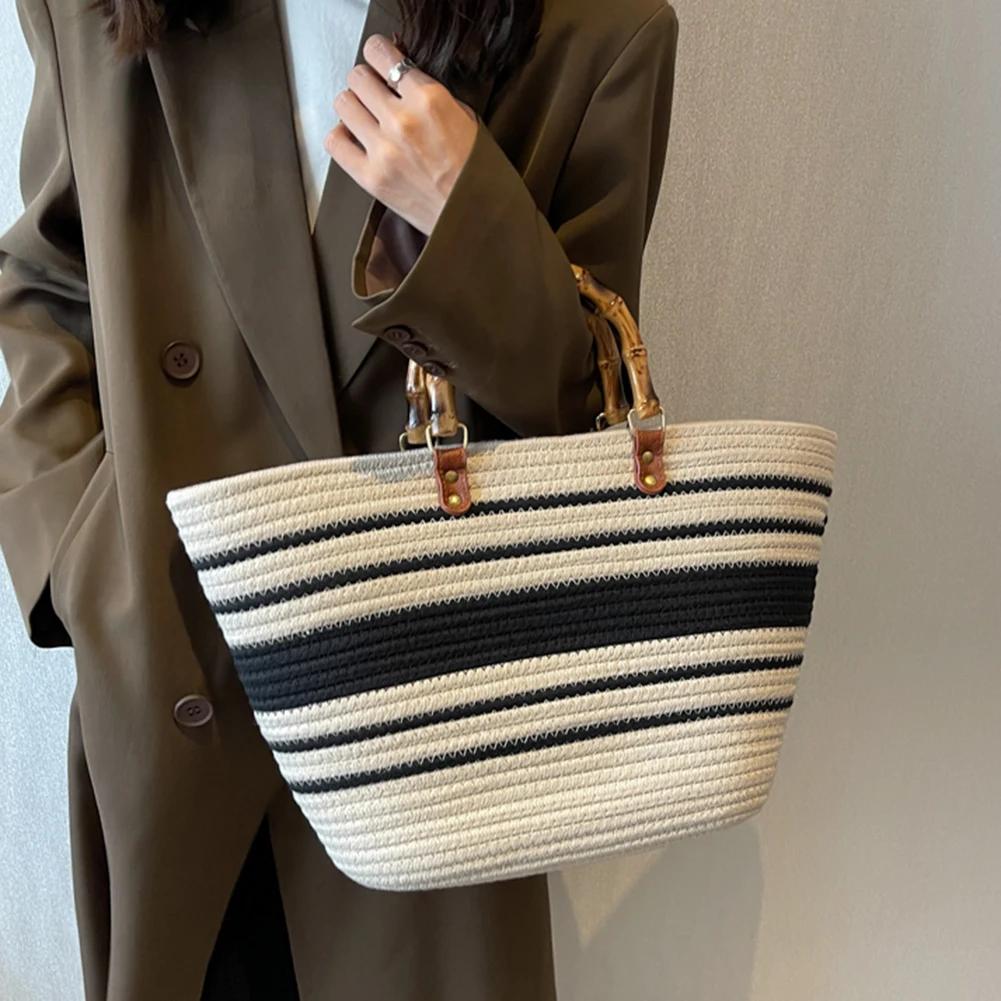 Cotton Woven Handbags Bamboo Handle Tote Summer Striped Hand-Woven Top-handle Bags Large Capacity Women's Bags Weaving Beach Bag