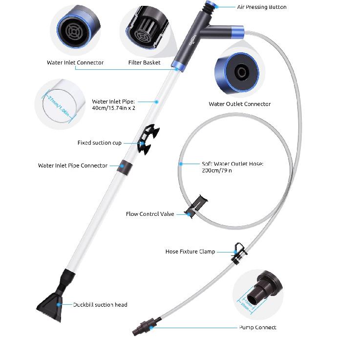 Aquarium Siphon Pump Gravel Cleaner, Fish Tank Vacuum Gravels Cleaning Kit, Manual Water Changer with Air Push Button, Aquariums Sand Clean Set, Hose