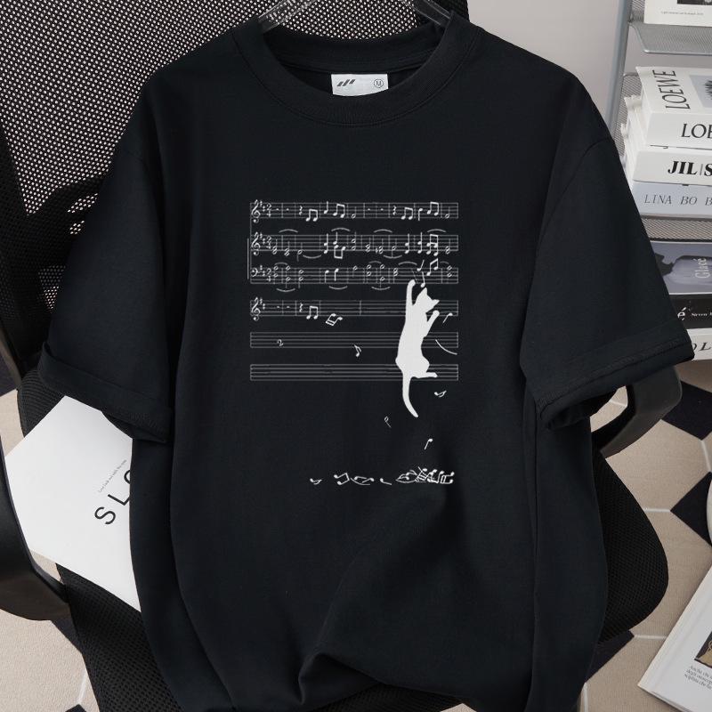 Cat Home Wrecker Creative Print T-shirt, Loose Fit, High-Quality Pure Cotton, Short Sleeve, Slightly Dropped Shoulder, Style 1002-1