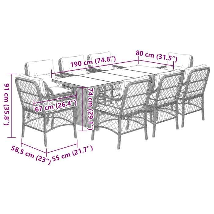 VidaXL Ensemble à Manger de Jardin avec Coussins 9 pcs, Table et Chaise de Terrasse, Meubles de Patio, Mobilier d'Extérieur, 3212061