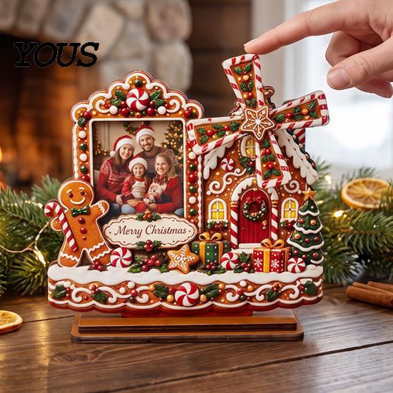 Christmas Photo Frame 2D Gingerbread House Wooden Frame, Spinning Windmill Picture Xmas Cottage Ornament Desktop Holder for Home Fireplace Table Decor