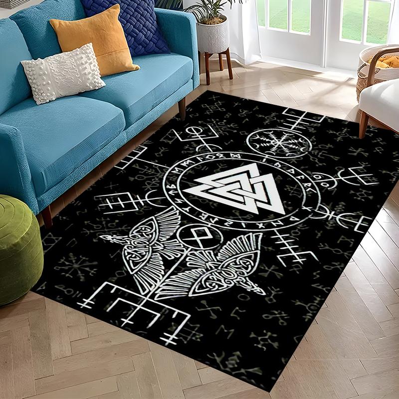 Nordisches Wikingerkrieger Symbol Walhalla Valknut Rune Motto Teppich für Schlafzimmer Wohnzimmer Sofa Zuhause Fußmatte Dekor, Rutschfeste Bodenmatte