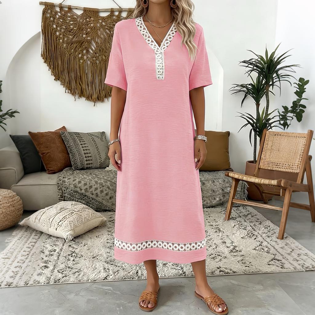 Women's Elegant Lace Trim Short Sleeve Midi Dress V Neckline Lightweight Summer Casual Dress for Daily Wear