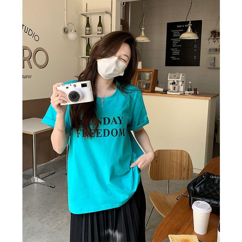 

Maxi Plus-Size Women s Round-Neck Letter Print Short-Sleeve T-Shirt, Summer Loose Fit, Flattering for Slightly Plump Figures, Regular Shoulder Top Azure Blue (Batch 2) 3XL