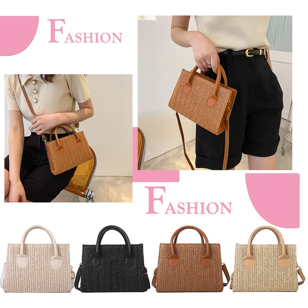 Women Straw Tote Handbag Large Capacity Travel Shopper Handbag Adjustable Strap Handheld Straw Satchel Bag Summer Holiday Bags