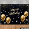 2D Black Gold Diamond Happy Birthday Photo Backdrop with Gold Curtain Lights