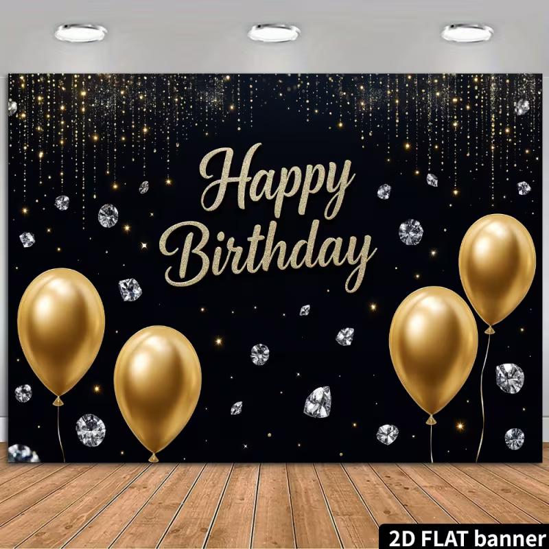 

2D Black Gold Diamond Happy Birthday Photo Backdrop with Gold Curtain Lights 47.2x31.5inch/120*80cm