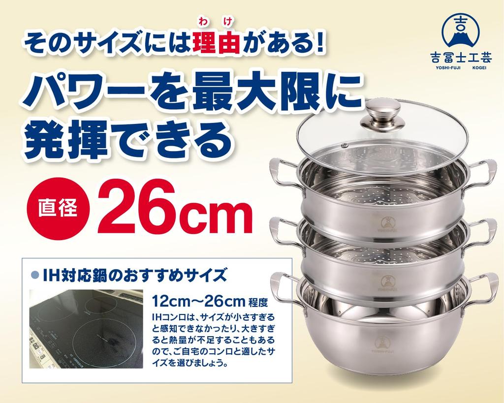 Yoshifuji Crafts 26cm Steamer with Glass IH Stainless Bottom To Prevent Suitable for Oden and Hot Pot Dishes Lid, Compatible, Steel, Double-Layered