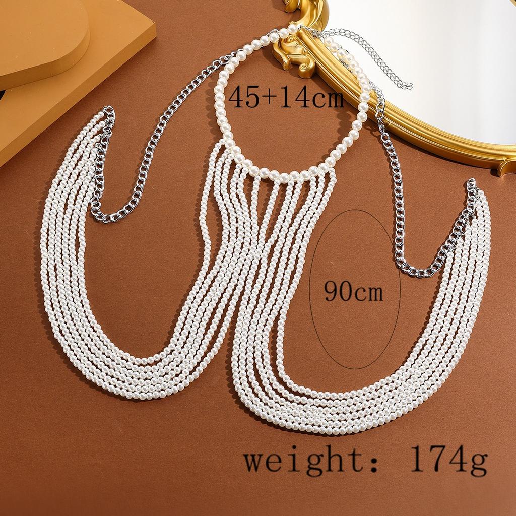 European and American women's multi-layer pearl body chain fashionable personalized beaded chest chain retro hollow body jewelry