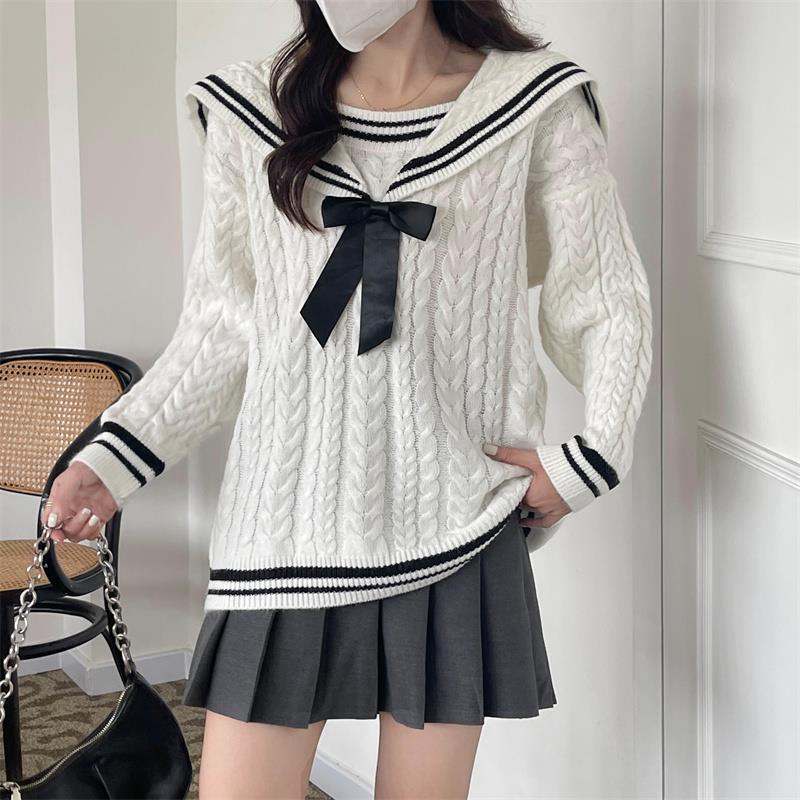 Loose jk sailor suit bow college style navy collar sweater women's autumn and winter loose lazy style outside wear tide