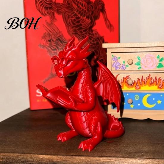 Holiday Gift for Readers Reading Dragon Figurine with Glasses, Statue, 3D Printed Home Office Accent Piece Bookshelf Decor, Whimsical Desktop