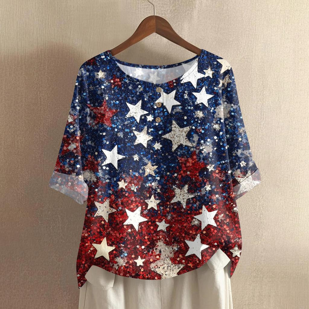 Women's Fashionable And Casual Shirt Half-sleeve Round Neck Print Cotton And Linen Blouse Top