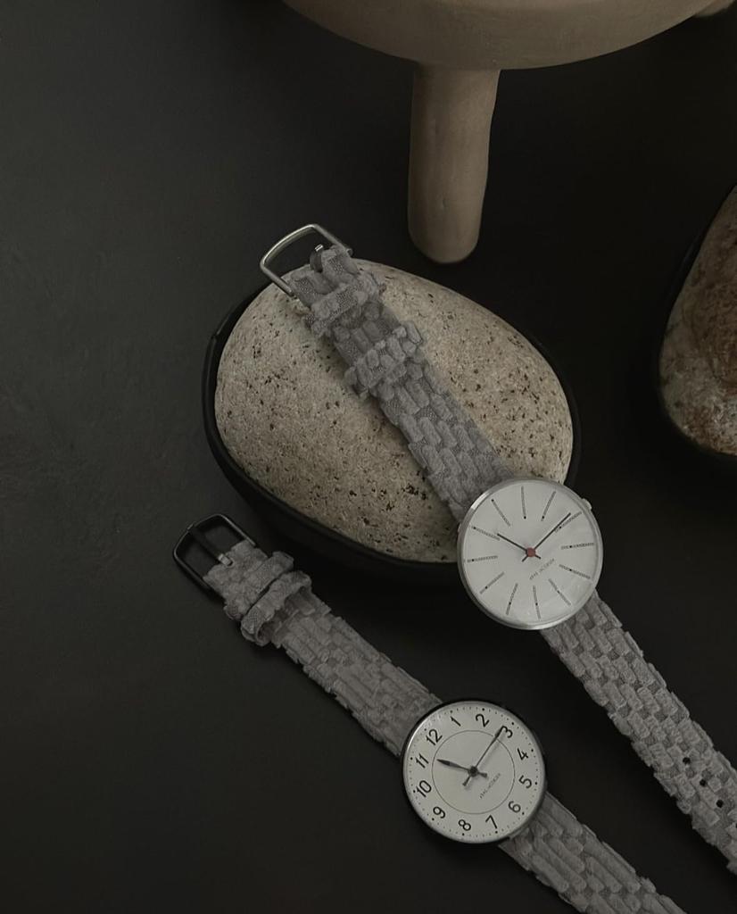 ARNE JACOBSEN x mina perhonen 34mm Scandinavian design watch with land puzzle strap, STATION 53411-1683B, white and light gray
