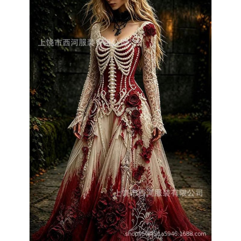Abito da donna vintage gotico con teschio e rosa, motivo a gradiente, vestito lungo di Halloween con motivo a gradiente