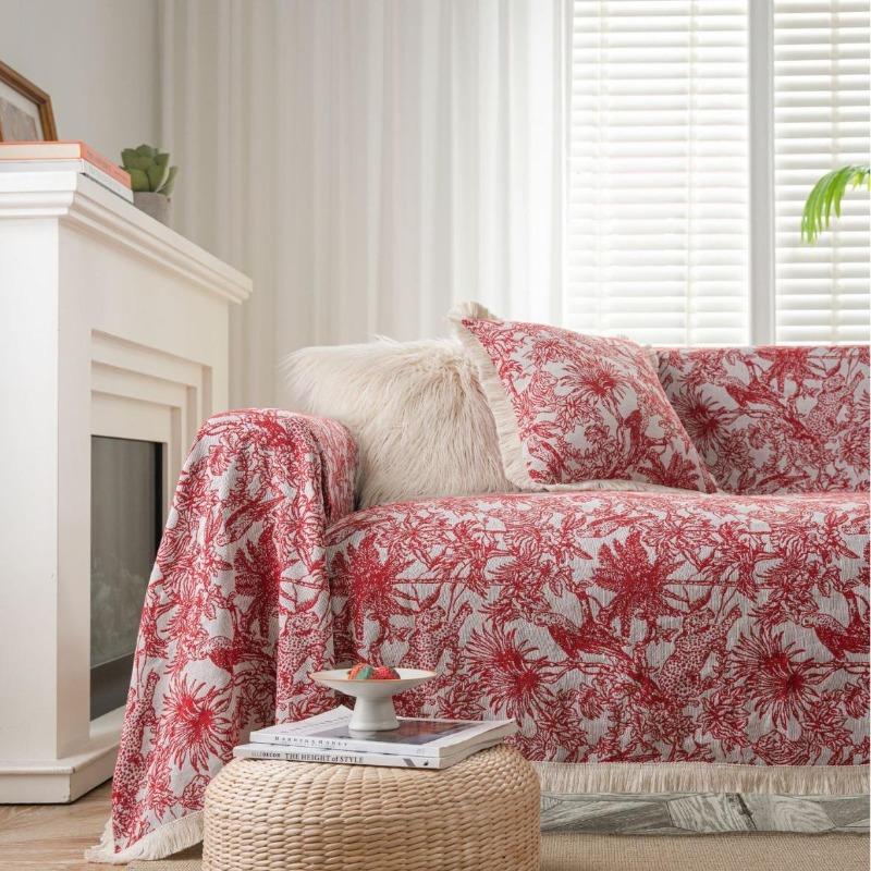 Exquisite sofa towel anti-cat scratch jacquard flower bird green retro festive festival thick sofa blanket