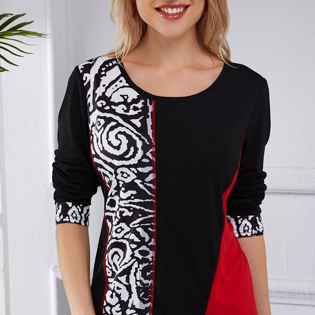 Women's Fashion Loose Casual Round Neck Floral Print Long Sleeve Geometric Print Tops Blouses Pullover Plus Size