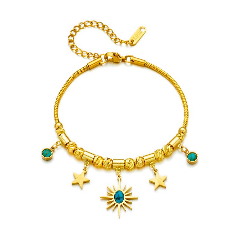 [Titanium Steel Colorfast Geometric Turquoise Oval Sun Star Pendant Charm Bracelet]
