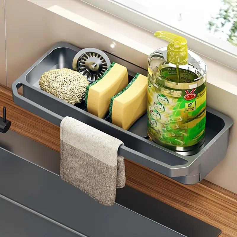 1pcs Kitchen Sink Storage Rack Drain Rack with Towel Rack Wall Mounted To Store Sponge Soap Cleaning Tools Sink Accessories