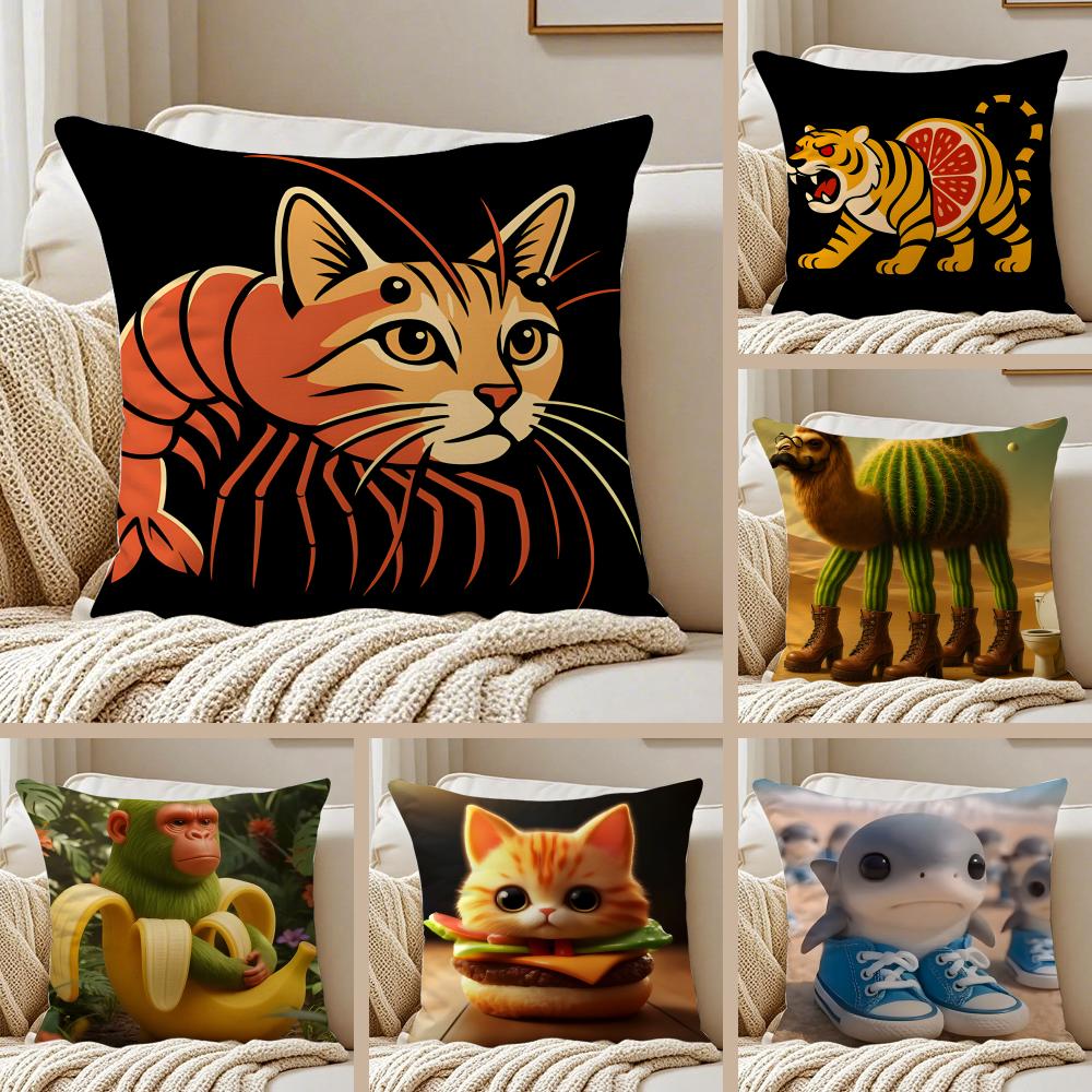 Funny Italian Brainrot Create Animals Cushion Cover Pillowcase Antidustmite Invisible Zipper Short Plush Sofa Cushion