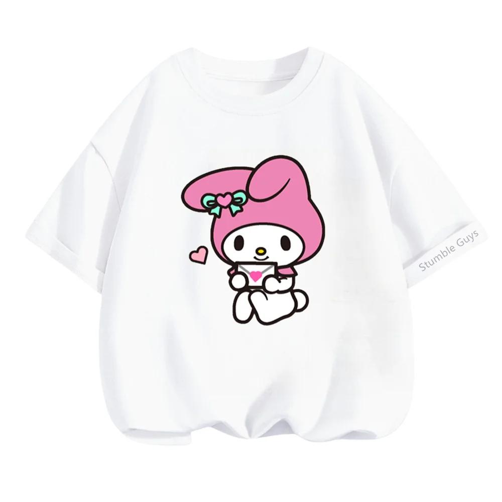 Kawaii My Melody Sanrio Short Sleeve T-shirt 3-14Y Kids Summer Casual Tops Boys Clothes Girls