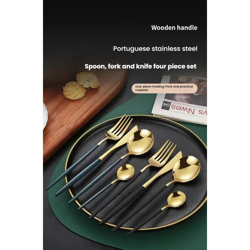 4Pcs Stainless Steel Cutlery Set - Golden Design Steak Knife Fork Spoon Coffee Spoon for Wedding Restaurant Home Durable Elegant