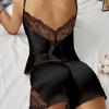 Women'S Sexy Satin Lace Camisole and Panty Set - Solid Color V-Neck Sleepwear with Contrast Lace Detail, All-Season Comfort