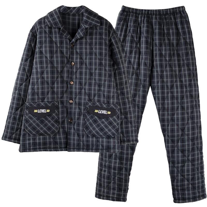 Pajamas Men'S Winter Velvet Thickened Woven Pure Cotton Three-Layer Padded Cotton Jacket Autumn And Winter Loungewear