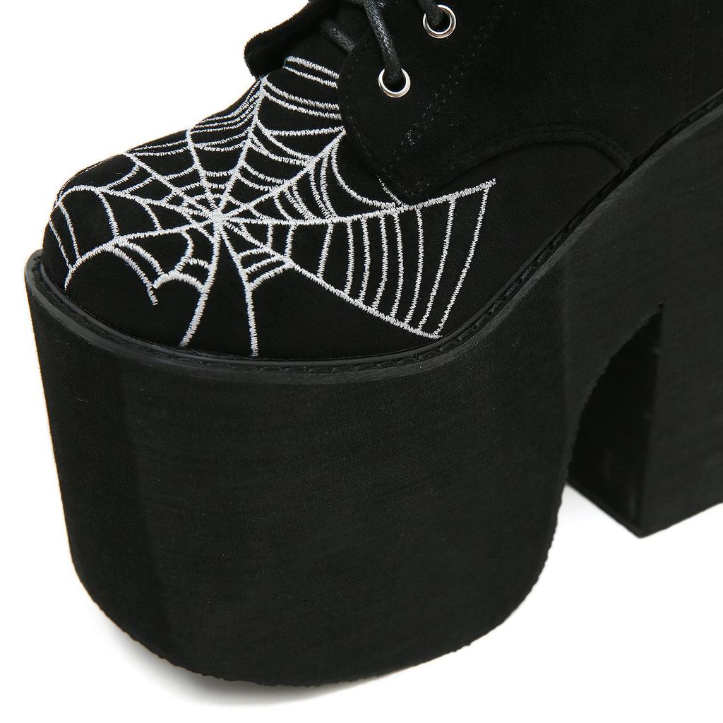 Gdgydh Damenstiefel Goth Spinnennetz Bestickte Schuhe Hoher Absatz Stiefeletten Hohe Plateauschuhe Qualität Mode Punk Klobige Absätze Reißverschluss