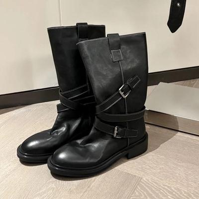 Retro Weiches Leder Mid-Calf Stiefeletten mit Blockabsatz und Plissee-Design für Damen - Neu Herbst 2025 Western Cowboy Stil.