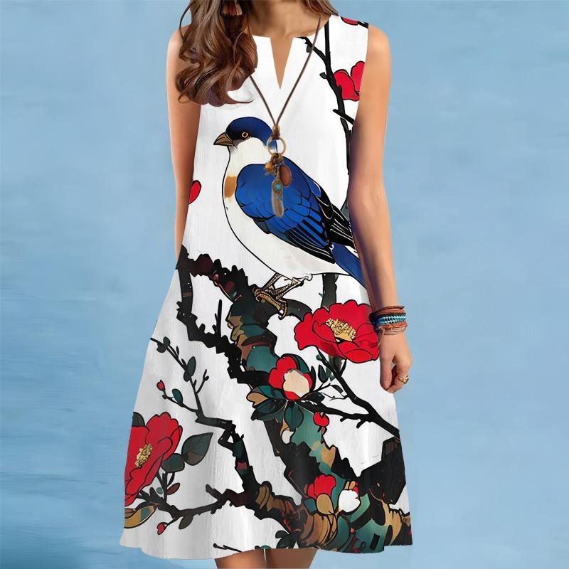 New Summer Beach Women Dress Casual Sexy Sleeveless V-neck Loose Mini Dress Elegant Peacock Bird Print Short Dress Vestidos 5XL