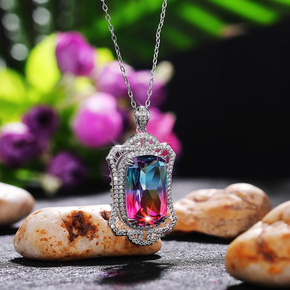 Luxury Color Treasure Tourmaline Color Pendant, Hollow Court Style Gradual Change Color Zircon Necklace, Mother'S Day Gift