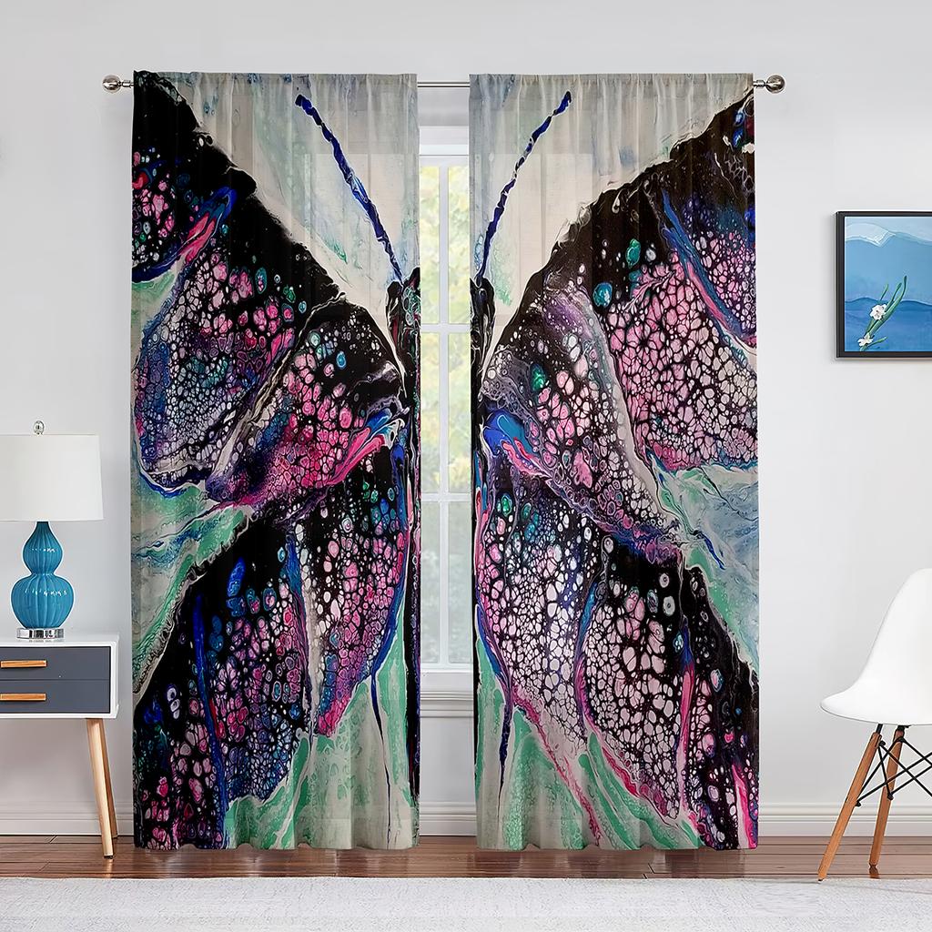 Spring Blue Floral Butterfly Sheer Curtain for Living Room Bedroom Home Kitchen Chiffon Tulle Curtains Window Treatment Decor