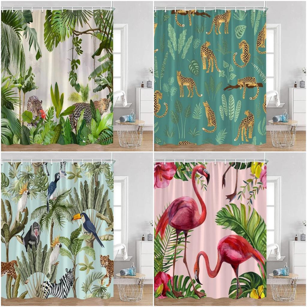 Tropisches Tier Duschvorhang Leopard Wildtier Flamingo Papagei Zebra Grüne Pflanze Palmenblatt Badezimmer Vorhang Dekoration