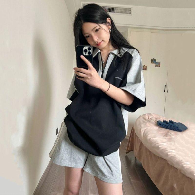 

Летний женский повседневный комплект поло и шорт в студенческом стиле 2025 M чёрный