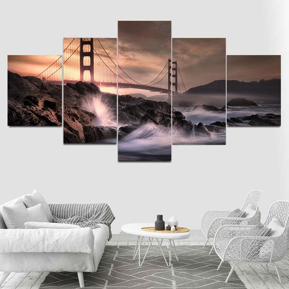 

5 Panels Landscape Canvas Painting San Francisco Golden Gate Bridge Sunset Posters and Prints Wall Art Room Home Decor No Frame 20x35 20x45 20x55cm