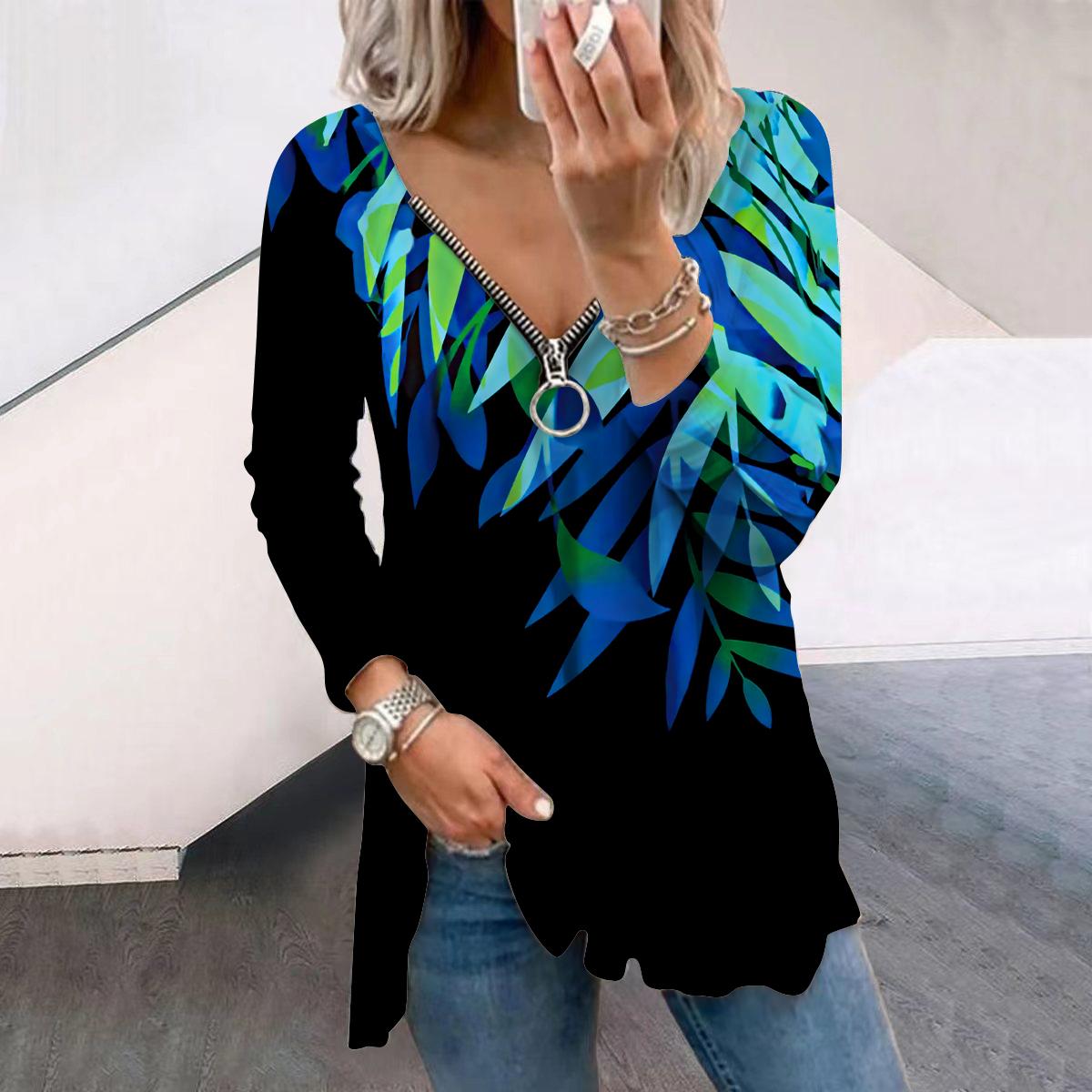 

Женские футболки с длинным рукавом и принтом в виде синих бамбуковых листьев, свободные футболки с V-образным вырезом больших размеров, удобные блузки XS розовый