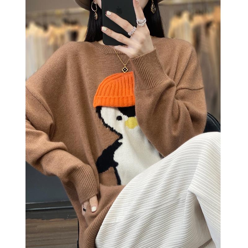 Women's Thickened Loose Cartoon Penguin Wool Sweater, Autumn/Winter, Color Block, Round Neck.
