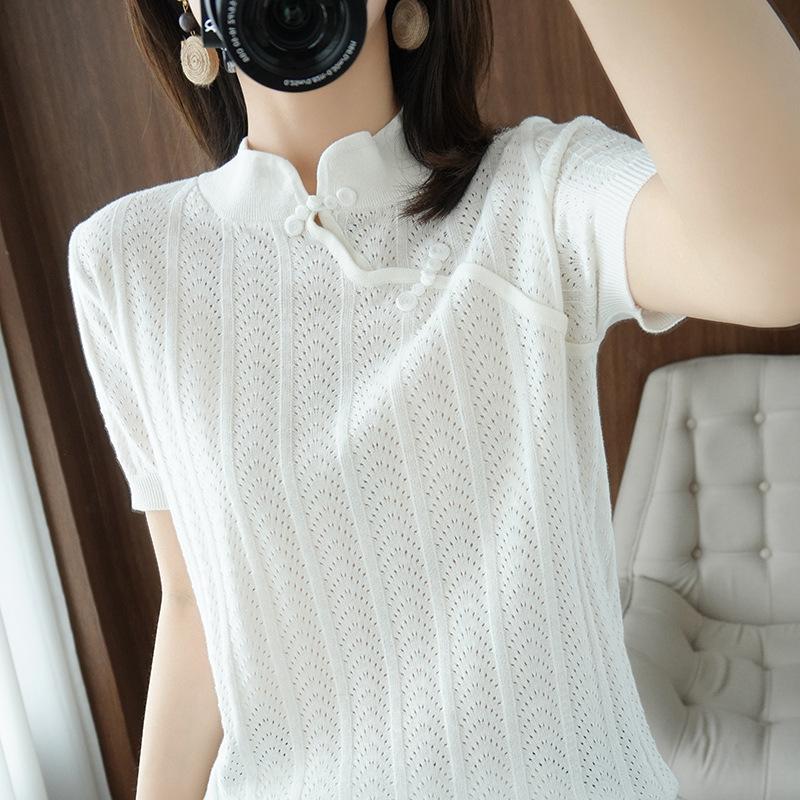Soft New Chinese Hollow Stand Collar Pure Cotton Base Shirt for Women Short-sleeved Summer New Style Knitted T-shirt Top