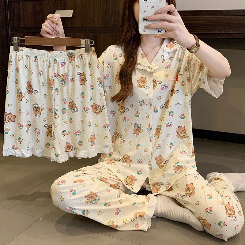 Imitation cotton pajamas women's summer cartoon short-sleeved three-piece set summer thin comfortable loungewear