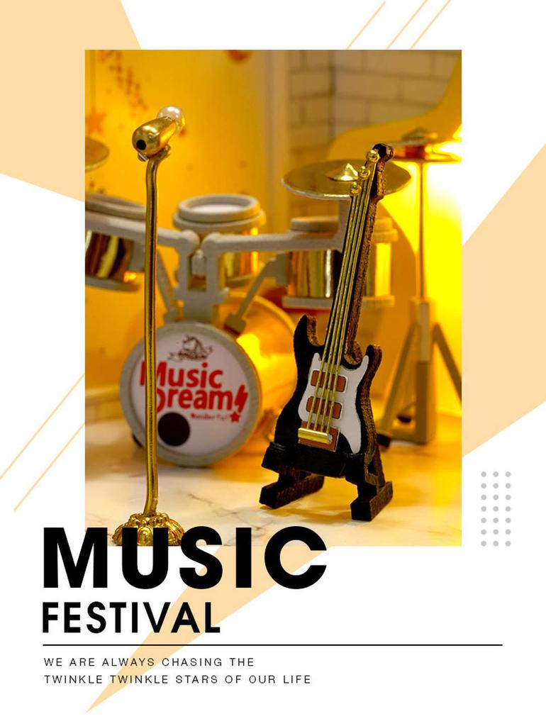moin moin Scale Dollhouse Miniature DIY Kit Set with and Musical Instruments LED Light Acrylic Case 1/32 Dreamcatcher, Band, Stage, Ultra-Small,