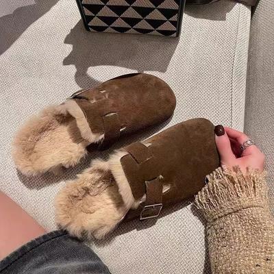 New Women Slippers Fur Flats Short Plush Mules Shoes Women Buckle Soft Sole Cotton Shoes Suede Home Warm Slippers Mules