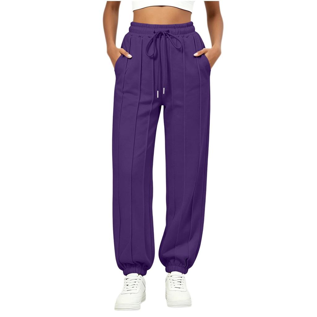 Women's Casual Color Loose Fit Drawstring Pants with Pockets and Tapered Cuffed Hem